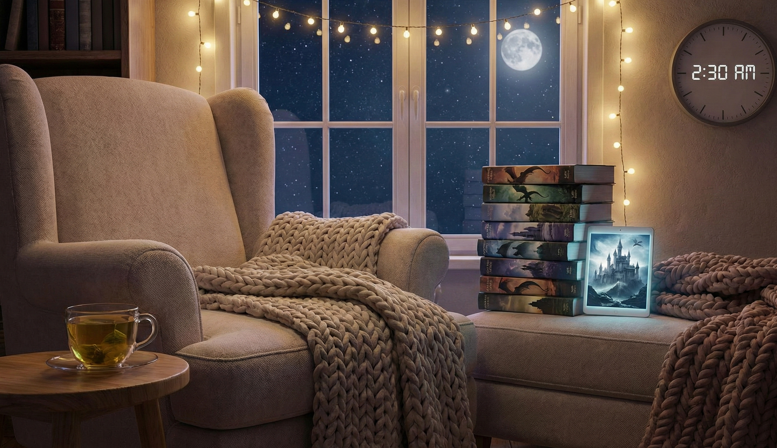 cozy scene with a stack of romantasy books and a tablet