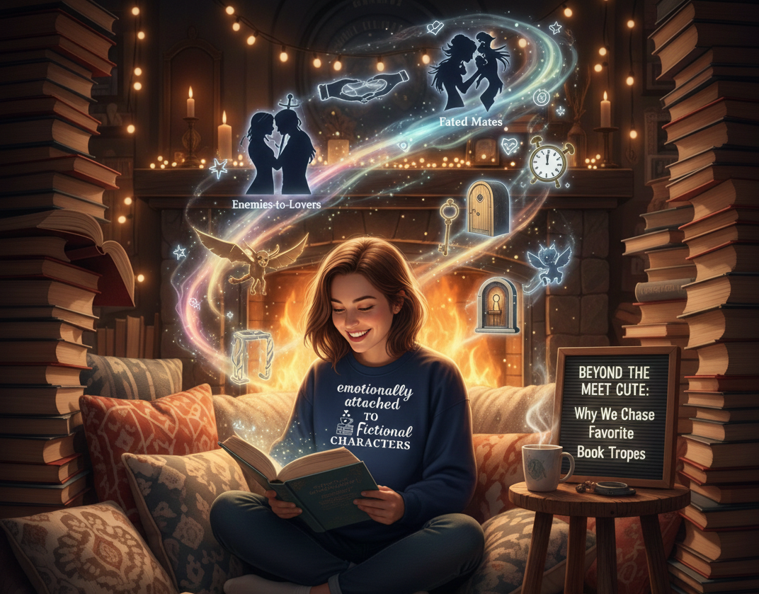 A cozy reading nook featuring a woman in an 'Emotionally Attached to Fictional Characters' sweatshirt, surrounded by glowing Romantasy book tropes like Enemies-to-Lovers and Fated Mates.