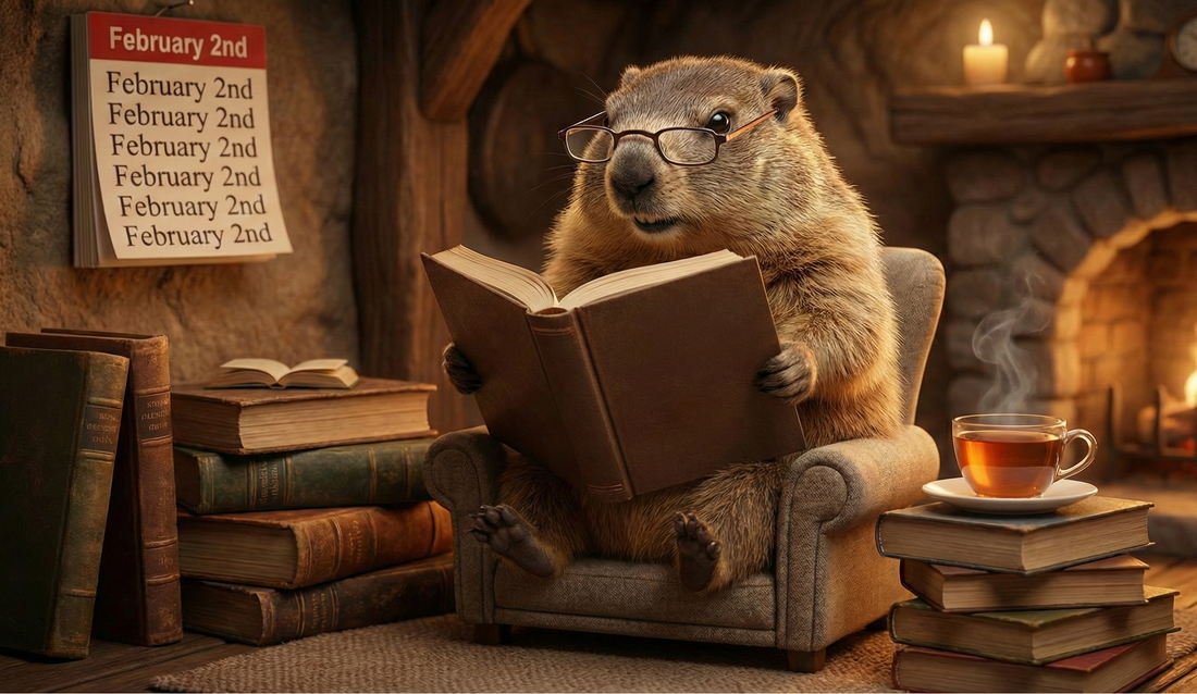 a cozy scene with a groundhog reading a book