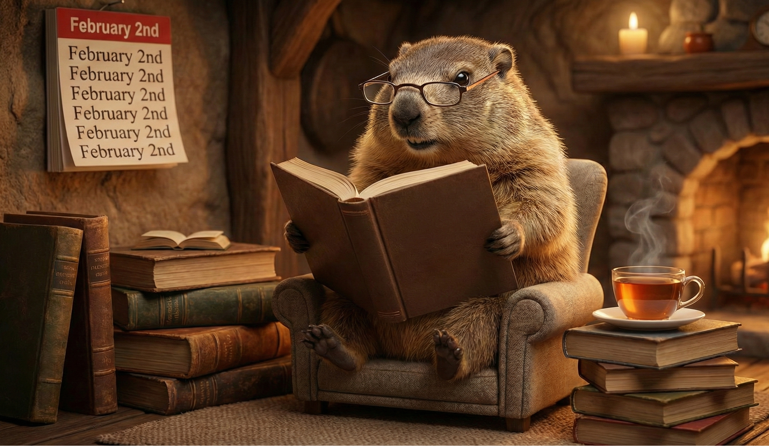 a cozy scene with a groundhog reading a book